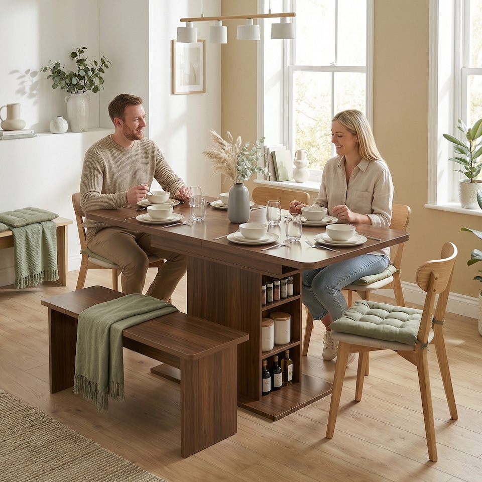 image 1 of HOMCOM Extendable Dining Table for 4-6, Kitchen Table with Shelves