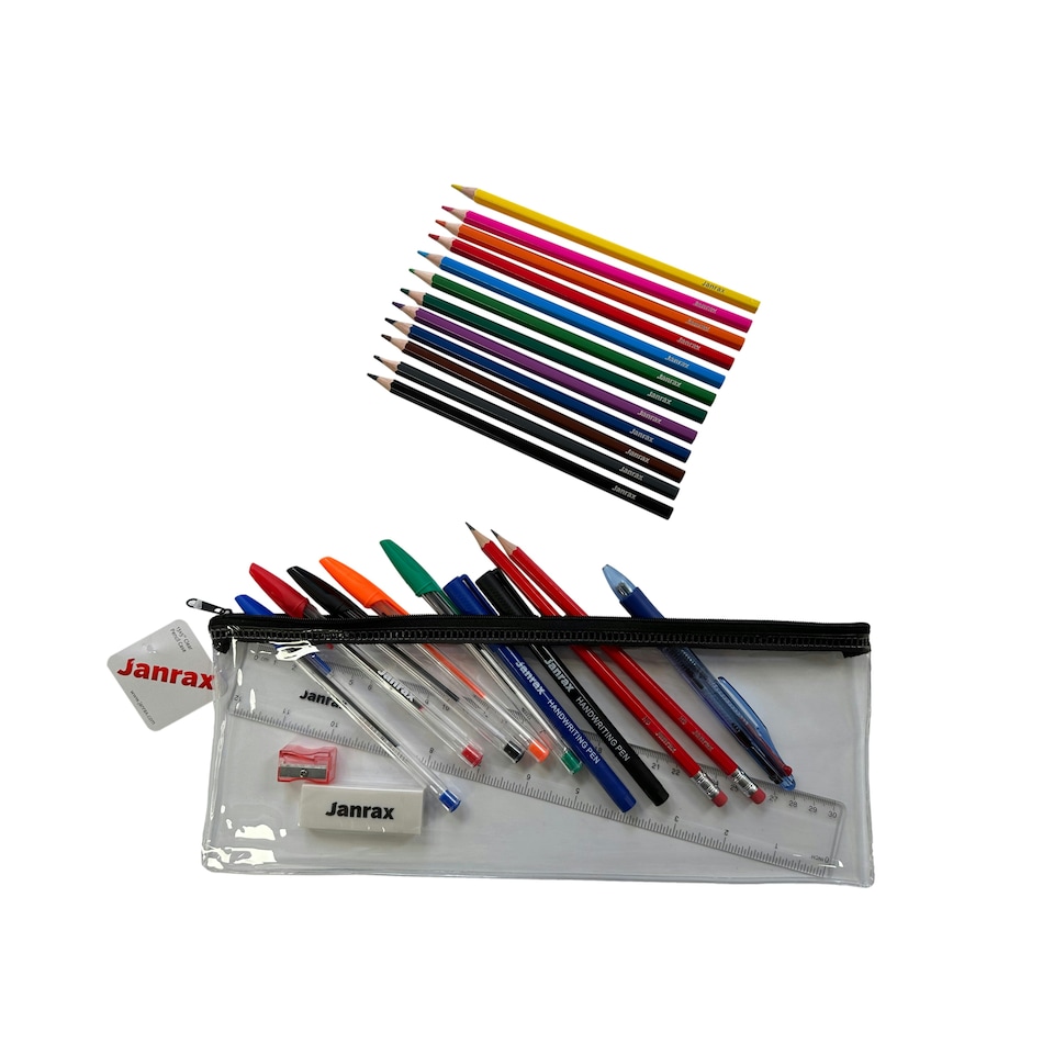 image 1 of Stationery Filled Black Zip 13x5" Pencil Case with Colouring Pencils