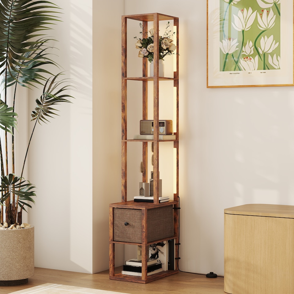 image 1 of HOMCOM Floor Lamp with Shelves, LED Column Modern Standing Lamp with Fabric Drawer, Adjustable Brightness, Foot Switch for Living Room, Bedroom, Office, Rustic Brown | Brown