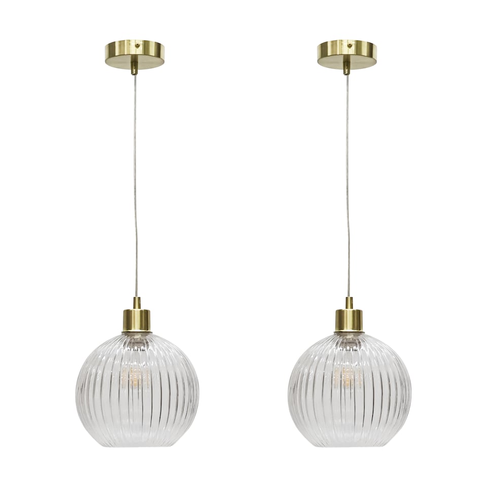 image 1 of Set of 2 Betchley - Clear Ribbed Glass Globe with Satin Brass Pendants | Clear | Clear ribbed glass with satin brass plate detail | Small | 2