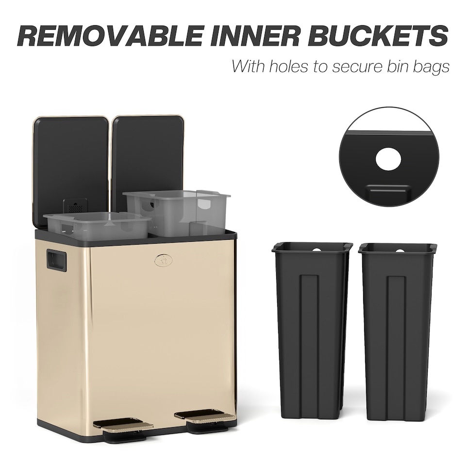 image 1 of HOMCOM 2 x 20L Dual Rubbish Bin Pedal Bin for Recycling and Waste, Gold Tone | Gold