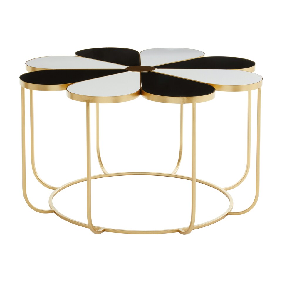 image 1 of Orsina Black & White Petal‑Top Side Table, Floral Daisy‑Style Tempered MDF Top, Gold‑Finish Metal Frame Accent Table