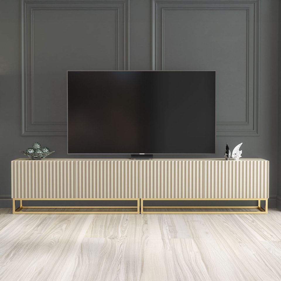 image 1 of TV Unit TV Stand Cashmere Gold Fluted Modular Media Console Sideboard Storage 200cm