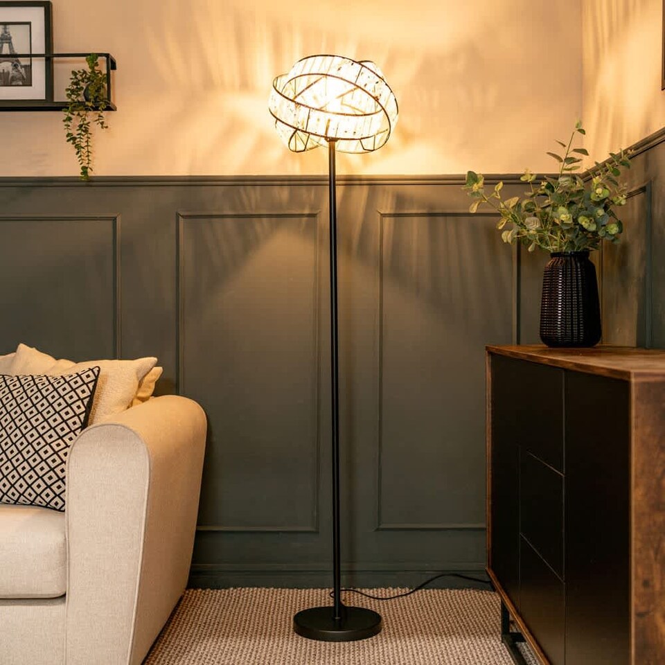 image 1 of ValueLights Hudson Black Floor Lamp Black Tortoise Shell Shade | Black