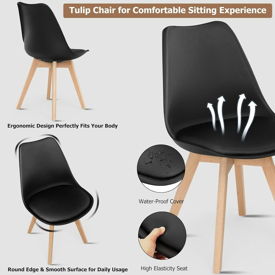 image 1 of Set of 2 Scandinavian Dining Chairs with Leather Cushions Solid Wood Legs Black