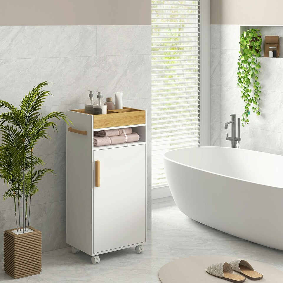 image 1 of kleankin Bathroom Storage Cabinet with Cushioned Door and Wheels, White