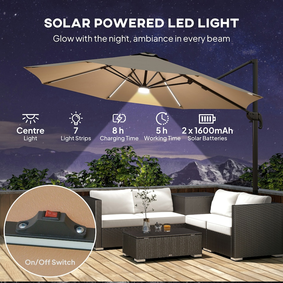 image 1 of Outsunny 3 m LED Cantilever Parasol Outdoor with Base Solar Lights Brown