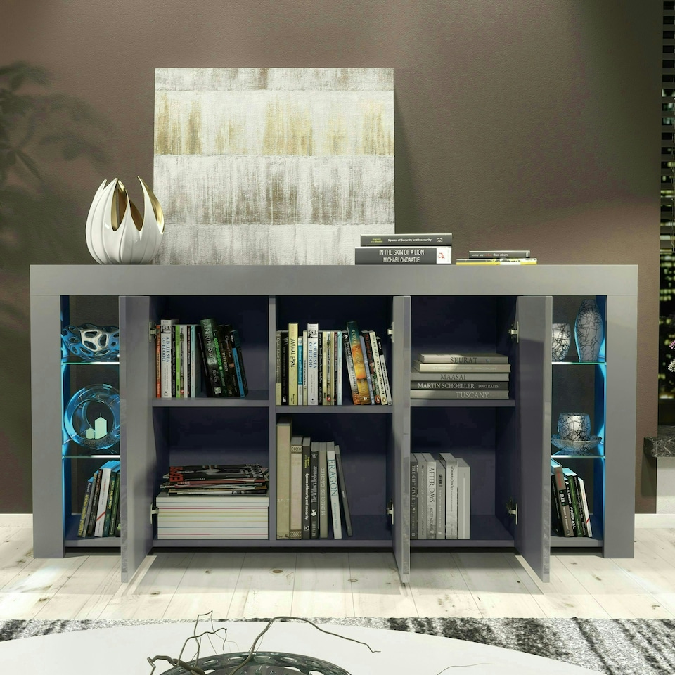 image 1 of Grey Sideboard 164cm Gloss Doors Free LED Modern Storage Cabinet | Grey