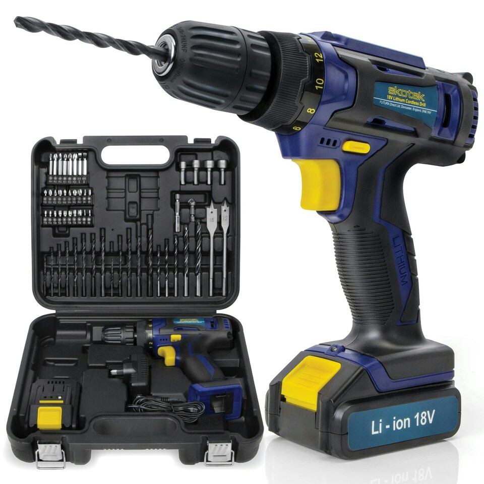 image 1 of Skotek 18V Cordless Drill & 54pc Screwdriver Set (Battery, Charger & Carry Case Included)
