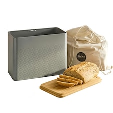 Cooks Professional Diamond Pattern Bread Bin with Linen Bag & Bamboo Cutting Board Lid | Grey | Dark Grey | 1