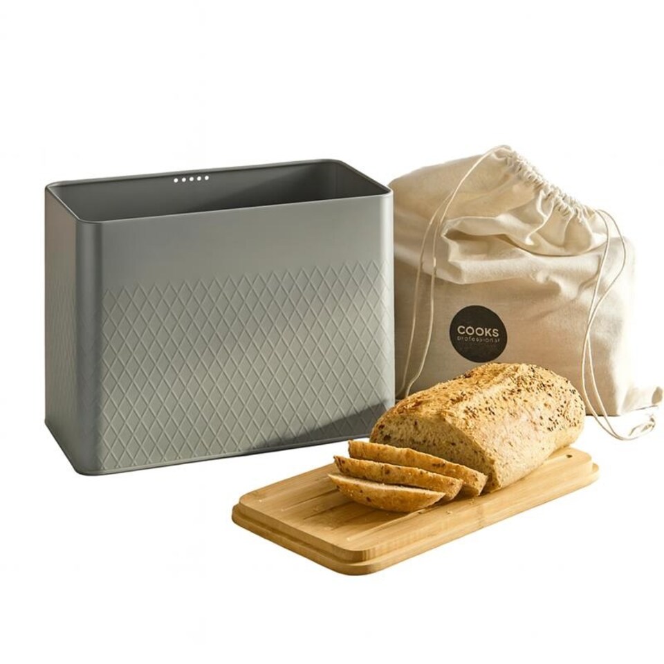 image 1 of Cooks Professional Diamond Pattern Bread Bin with Linen Bag & Bamboo Cutting Board Lid | Grey | Dark Grey | 1