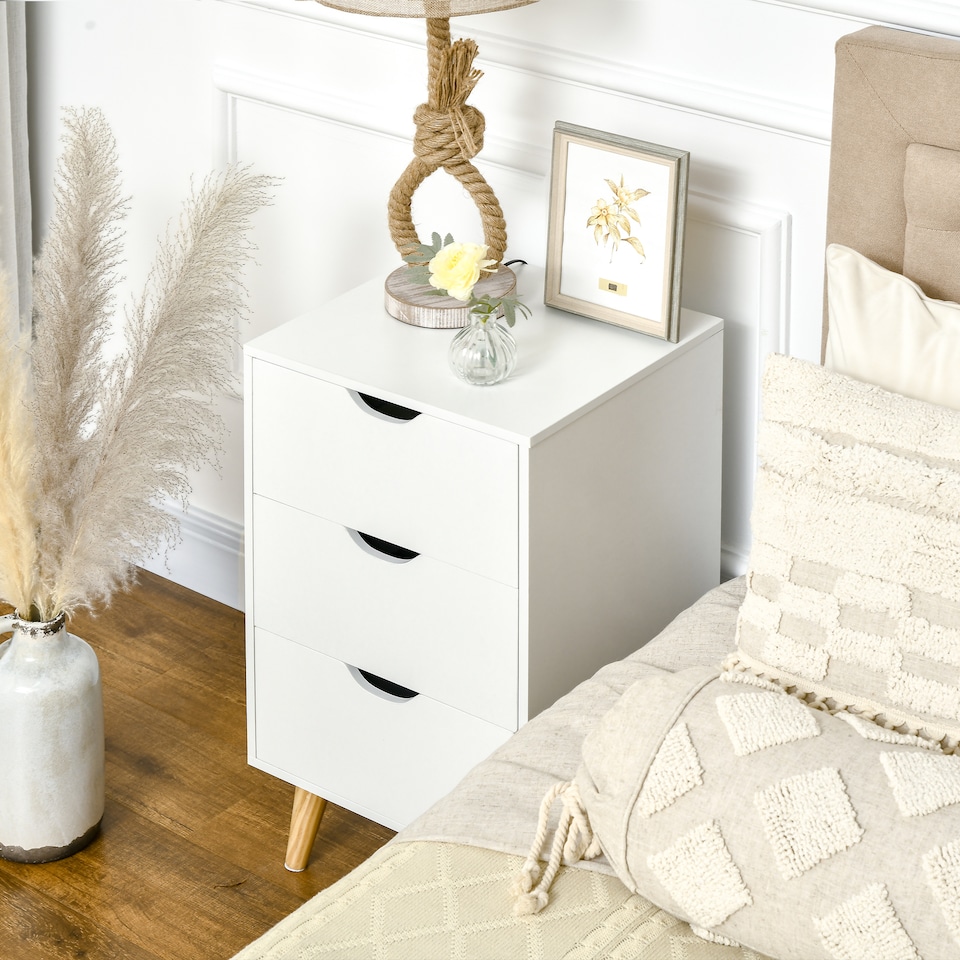 image 1 of HOMCOM Bedside Table, Bedside Cabinet with 3 Drawers, Side End Table with Pine Wood Legs for Bedroom Living Room, White