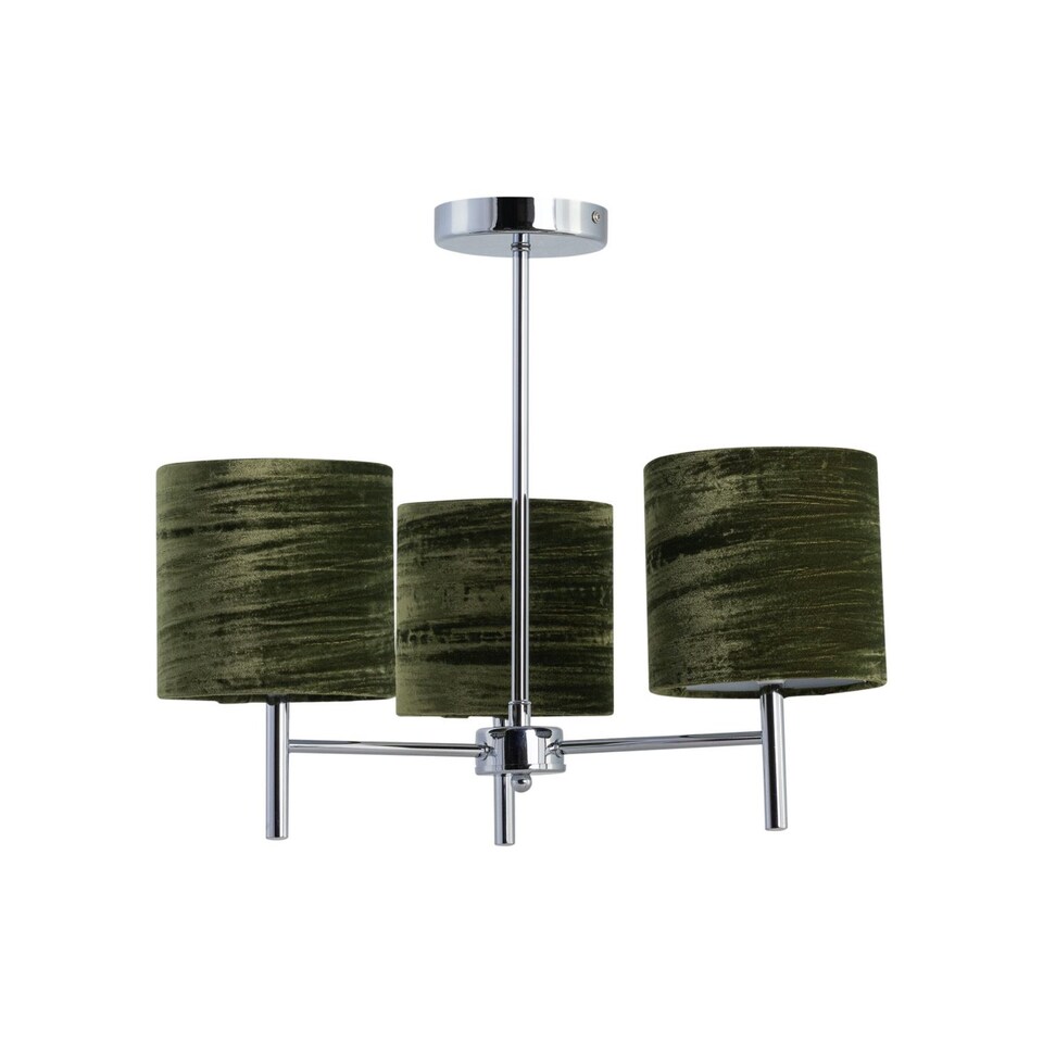 image 1 of Brea - Chrome 3 Light Fitting with Green Crushed Velvet Shades | Chrome | Green | 1