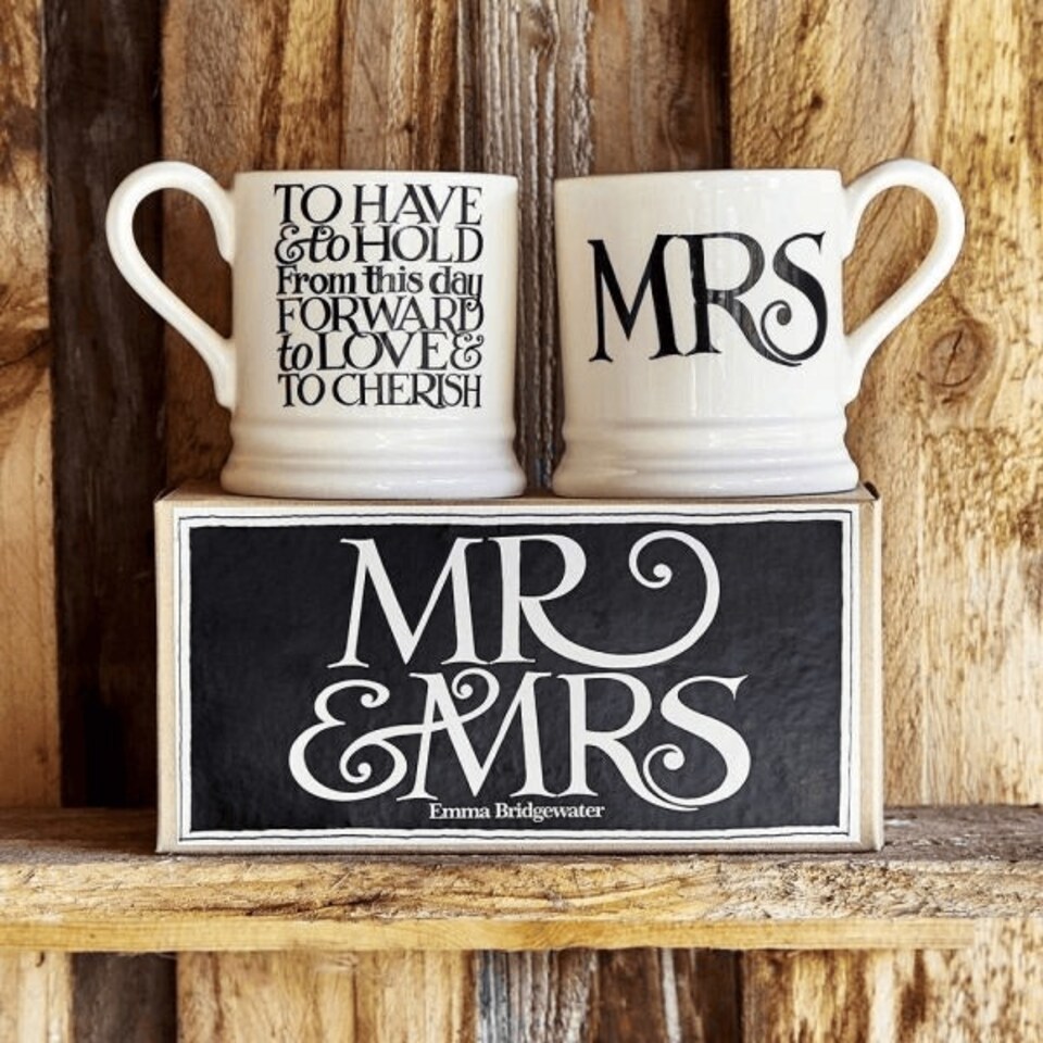 image 1 of Mug Set: 2 x 300ml Emma Bridgewater Black Toast Mrs & Mrs 1/2 Pint Mugs, Ceramic White