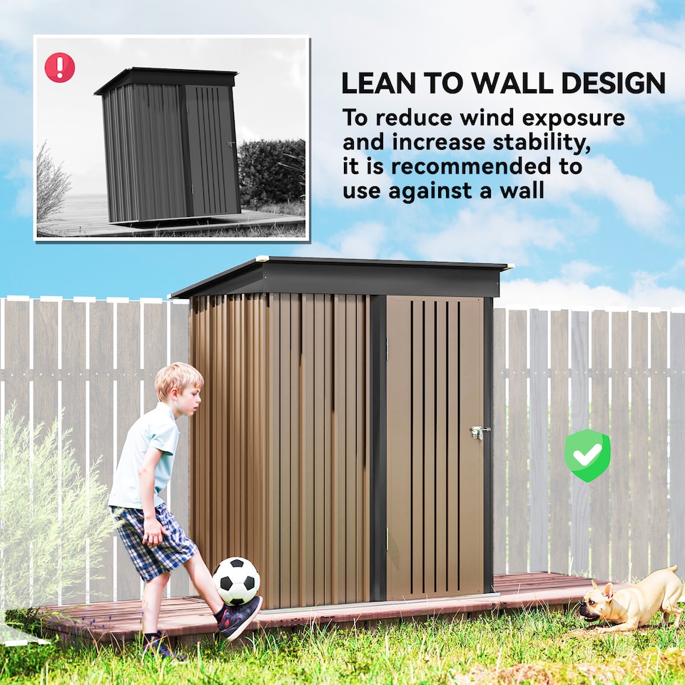 image 1 of Outsunny 5x3ft Garden Shed, Steel Small Shed, Outdoor Leanto Shed with Adjustable Shelf, Lock and Gloves for Patio, Garden, Brown with Foundation Kit | Brown | 1