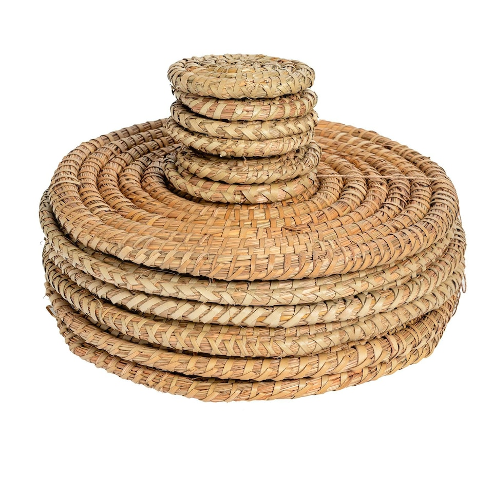 image 1 of Argon Tableware 12 Piece Round Woven Palm Leaf Placemats & Coasters Set Brown
