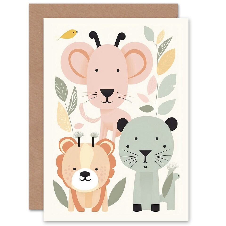 image 1 of Cute Zoo Animals Pastel Children Kids Baby Birthday Card