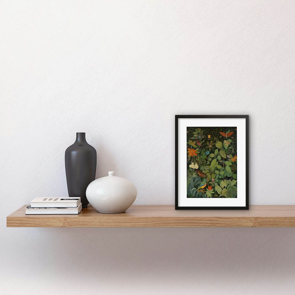 image 1 of Audubon Style Birds Insects Jungle 9x7" Black Framed Wall Art Print