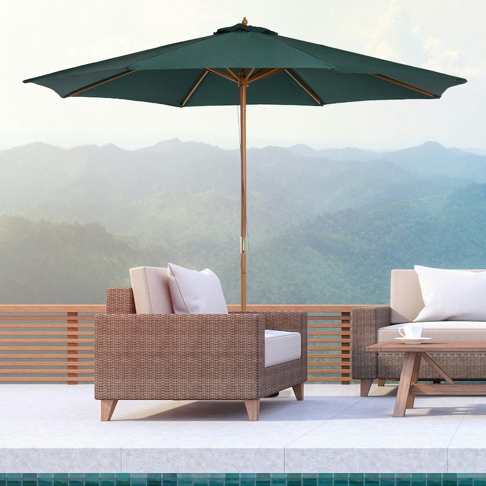 image 1 of Outsunny Wooden Garden Parasol with Rope Pulley Mechanism Dark Green