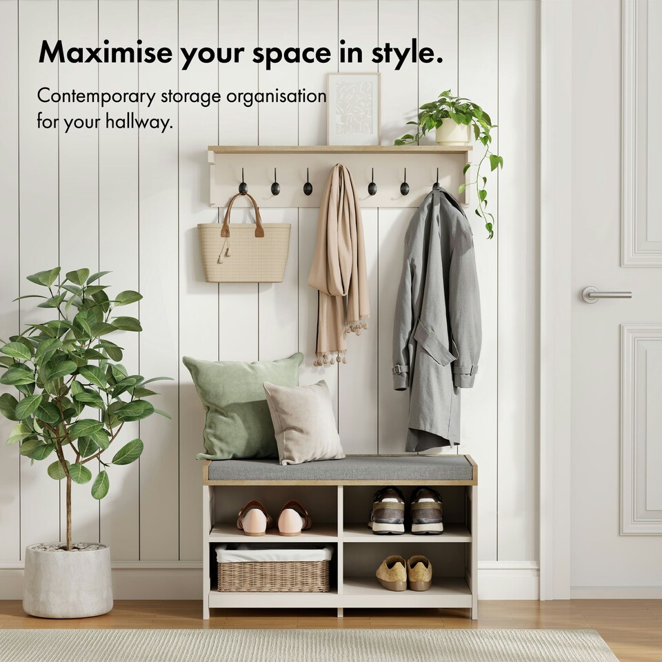 image 1 of VonHaus Coat Hooks Wall Mounted with Shelf and 7 Double Hooks Cream | One Size