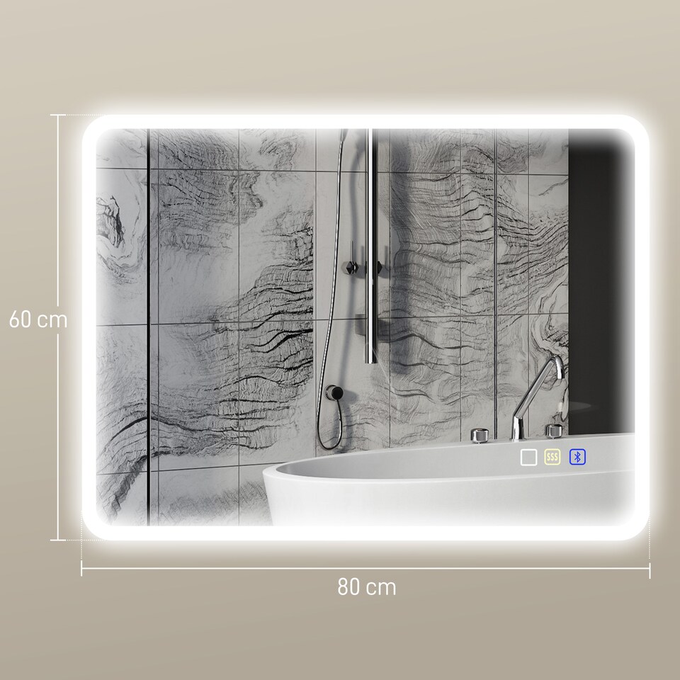 image 1 of HOMCOM 600 x 800 mm Bluetooth Bathroom Mirror with LED Lights Wall Mounted