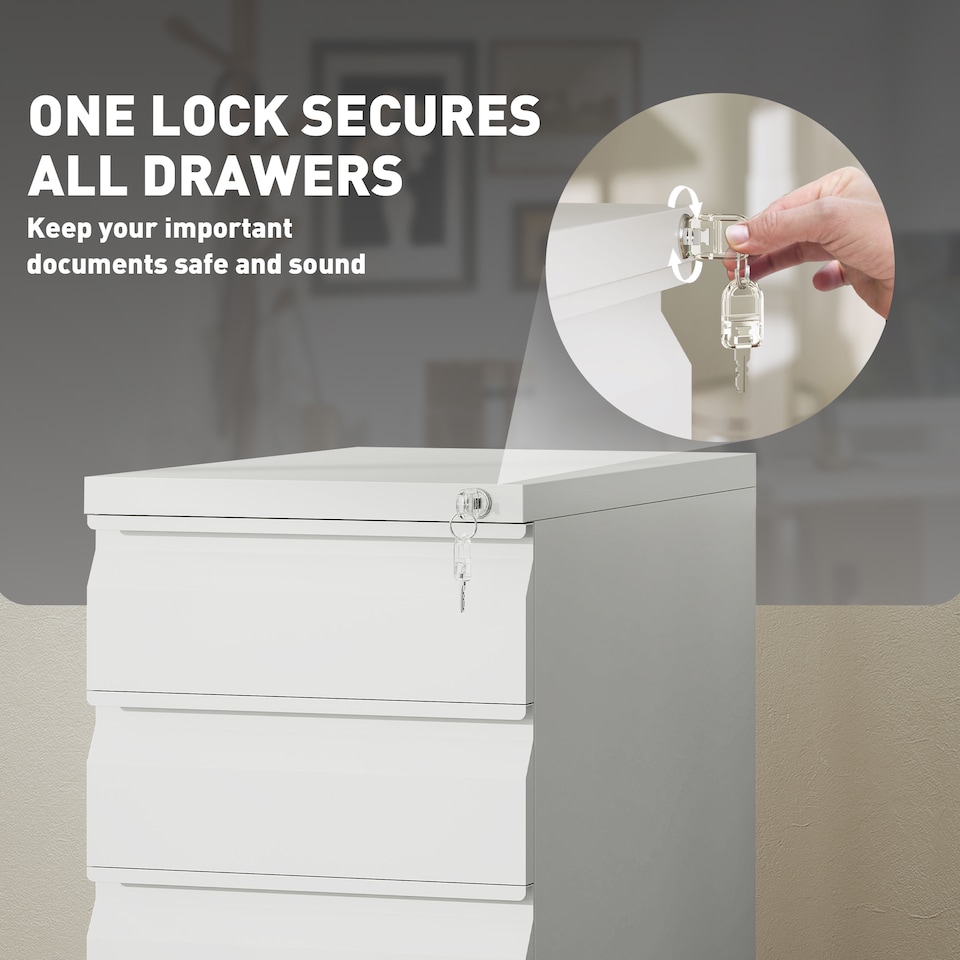 image 1 of Vinsetto 3-Drawer Filing Cabinet with Lock, Mobile Steel File Cabinet for A4, Under Desk Drawers with Pre-Assembled Body for Home Office | White | White