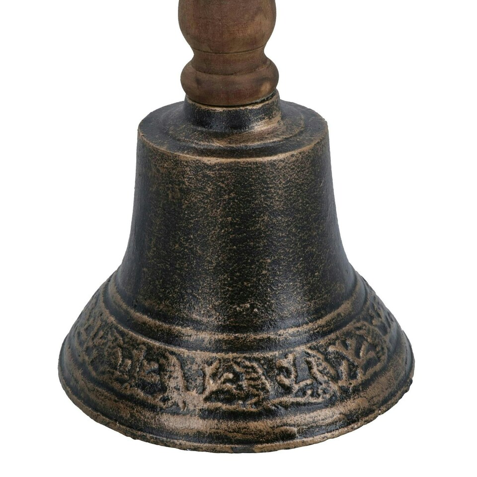 image 1 of Dinner Hand Bell School Pub Bar Shop Tea Wooden Handle Wall Mount Cast Iron