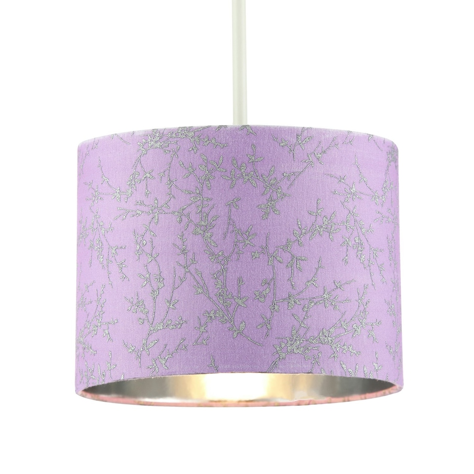 image 1 of Modern Soft Lilac Cotton Fabric 10" Shade with Silver Foil Floral Decoration