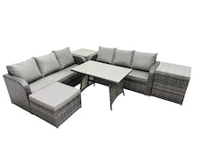 Fimous Garden Rattan Outdoor Furniture Set 7 Seater with 3 Seater Sofa Big Stool 2 Side Table Dark Grey