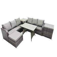 Fimous Garden Rattan Outdoor Furniture Set 7 Seater with 3 Seater Sofa Big Stool 2 Side Table Dark Grey