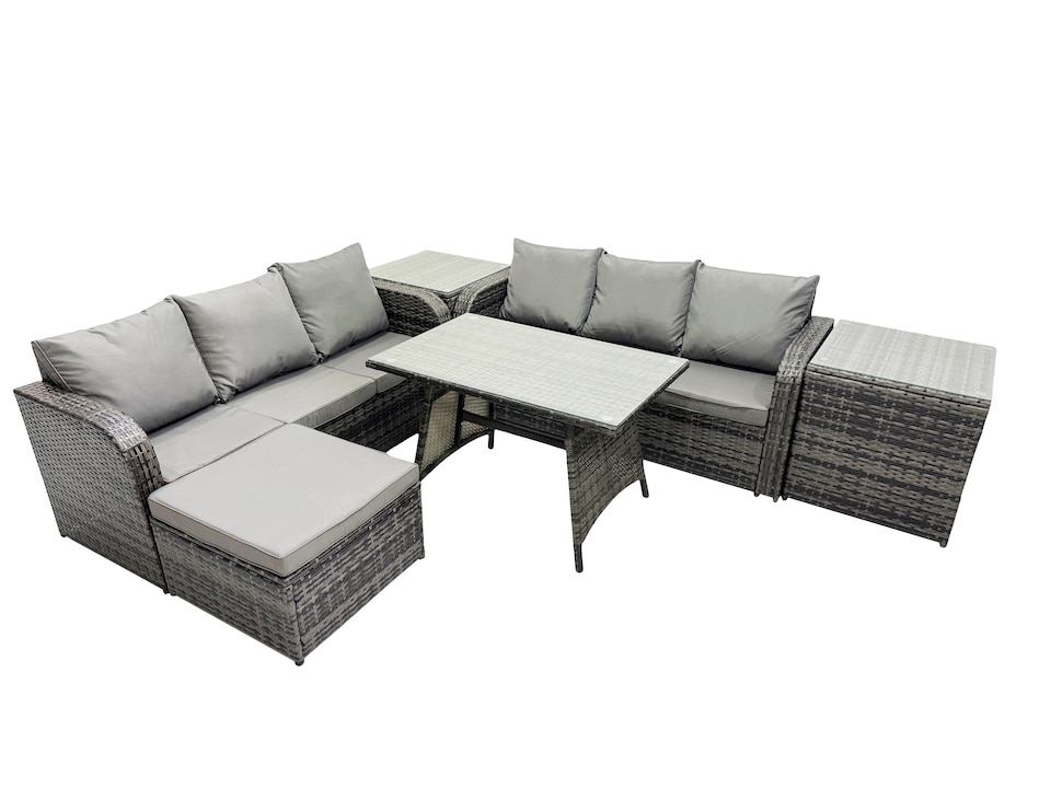image 1 of Fimous Garden Rattan Outdoor Furniture Set 7 Seater with 3 Seater Sofa Big Stool 2 Side Table Dark Grey