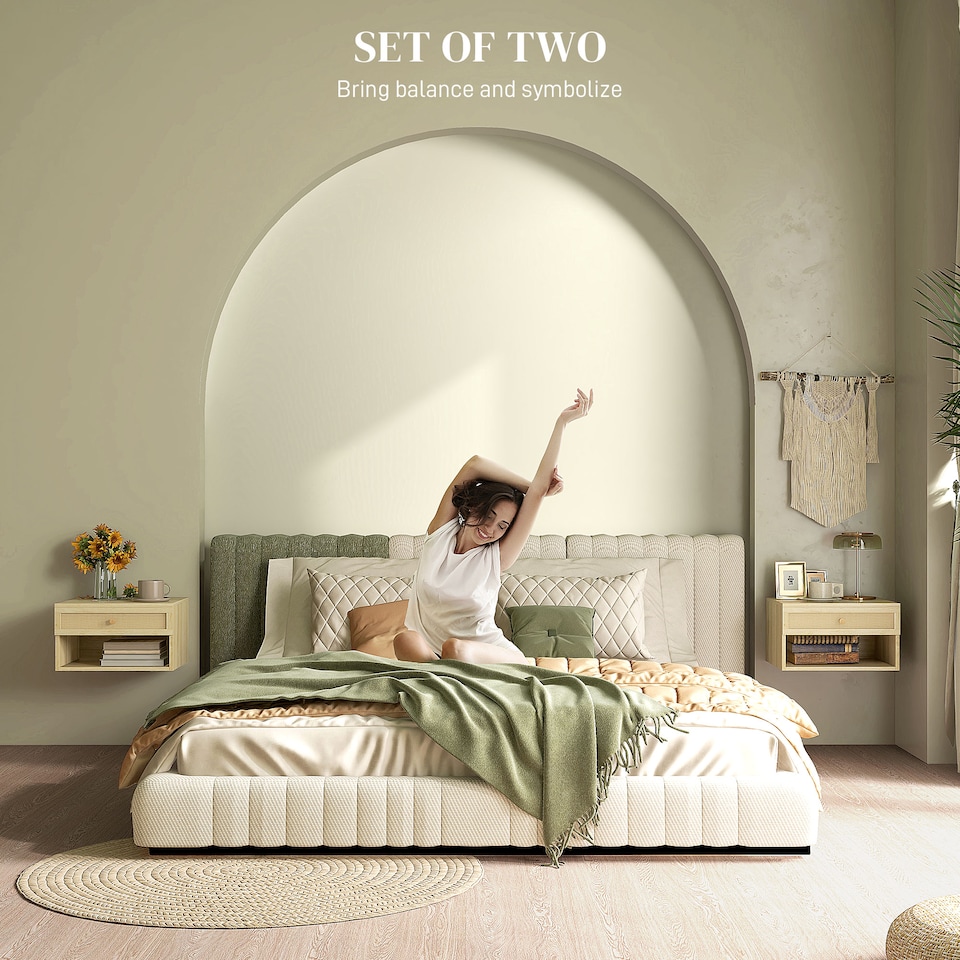 image 1 of HOMCOM Floating Bedside Tables, Nordic Nightstands Set of 2 with Rattan Drawer and Open Shelf for Bedroom, Nature Wood Finish