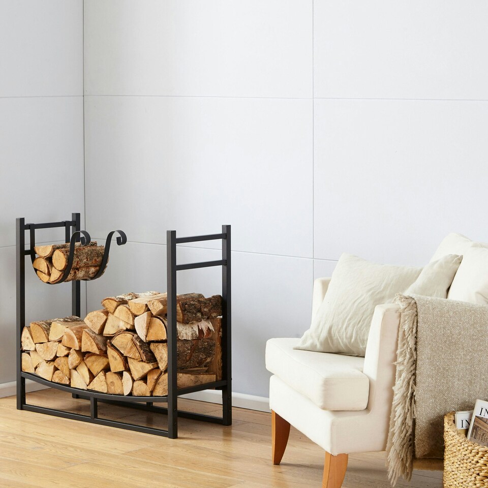 image 1 of Black Indoor Firewood Log Rack With Hooks