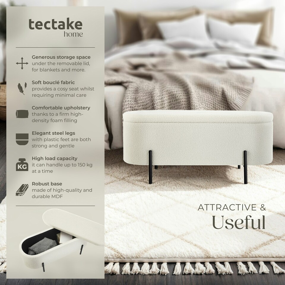 image 1 of Hallway Bench Lanja - upholstered, cushioned, built-in-storage, 97 x 36 x 42 cm Cream | Boucle Cream-White
