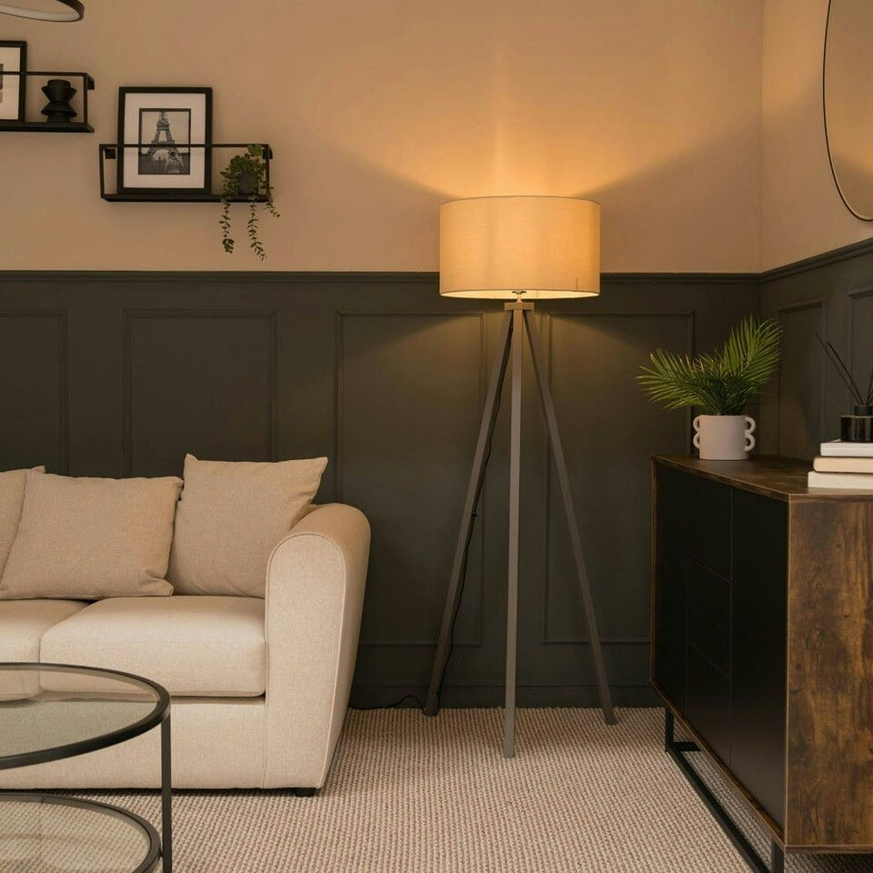 image 1 of ValueLights Barbro Grey Wood Tripod Floor Lamp Natural Shade