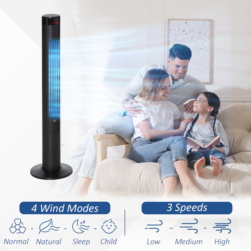image 1 of HOMCOM 46 Oscillating Tower Fan with Remote Control, 12H Timer, 3 Speed, 4 Modes, Quiet Cooling Fans, Electric Floor Standing Fan for Home Bedroom Office, Black