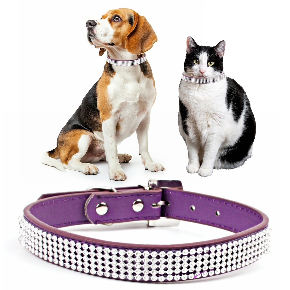 image 1 of Trimming Shop Diamante Dog Collar, PU Leather Pet Collar, Dog Belt