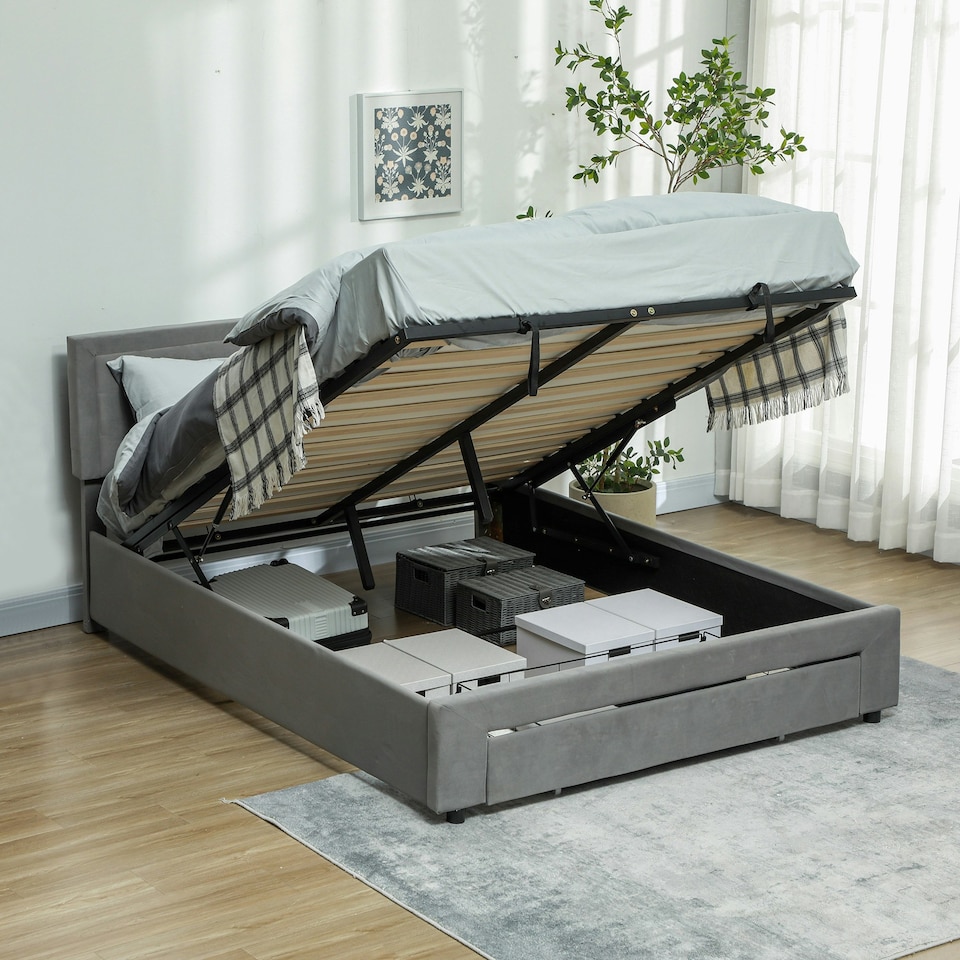 image 1 of HOMCOM King Size Bed Frame with Storage and Adjustable Velvet Headboard