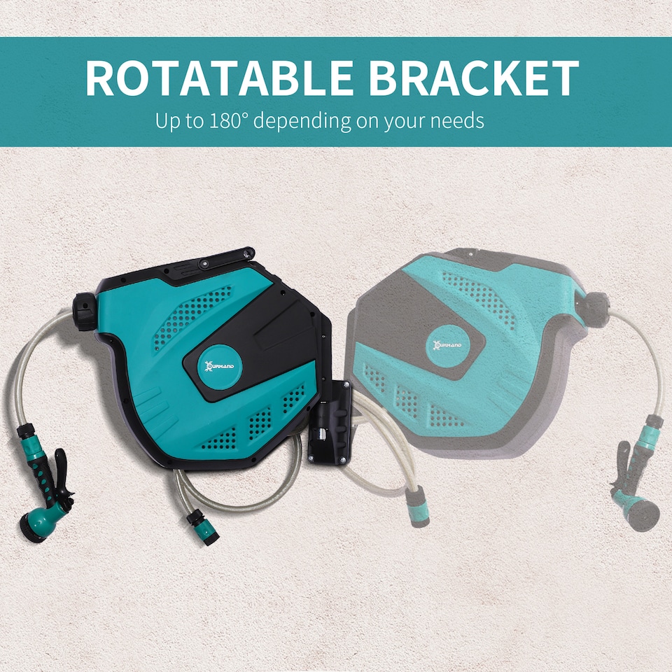 image 1 of DURHAND 15m Garden Hose Reel Wall Mounted Auto Rewind with 7 Patterns Spray Nozzle, Includes Wall Fixings