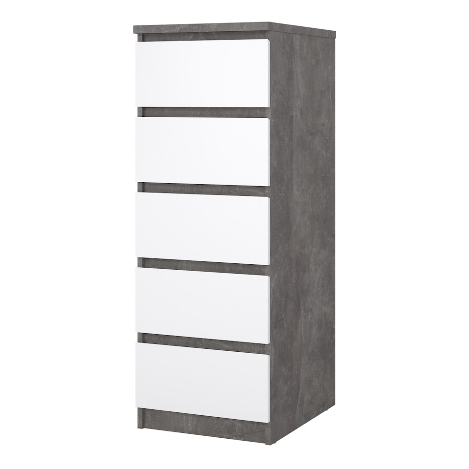 image 1 of Naia Narrow Chest of 5 Drawers in Concrete and White High Gloss