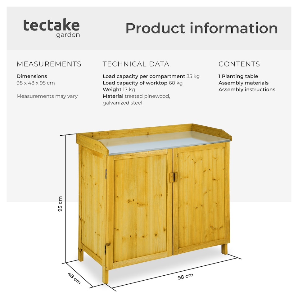 image 1 of Gardening Cabinet Vita - with galvanised zinc worktop, protected storage, 98 x 48 x 95 cm