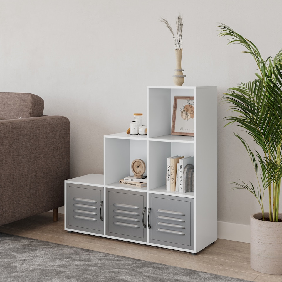 image 1 of 6-Cube Step Shelving Unit With Metal Doors | White | White & Grey | 1
