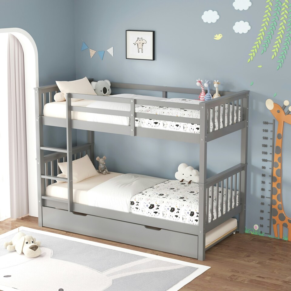image 1 of Oliver Grey Single Wooden Bunk Bed with Trundle