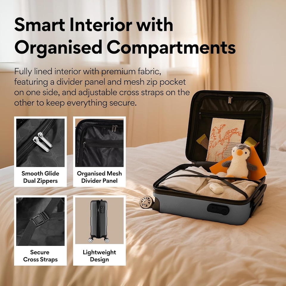 image 1 of Straame 55x40x20 cm Dark Grey Cabin Suitcase, 360° Spinner Wheels