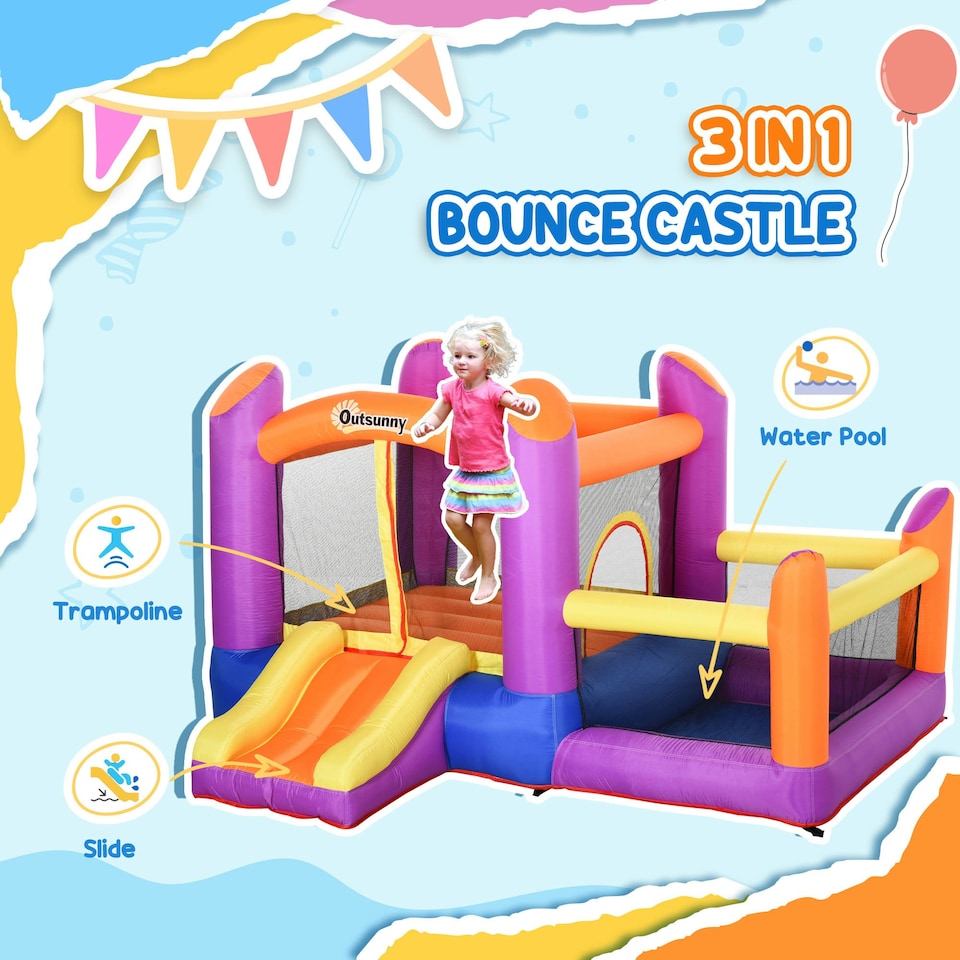 image 1 of Outsunny Bouncy Castle with Slide Pool House Inflatable w/ Blower Multi-color