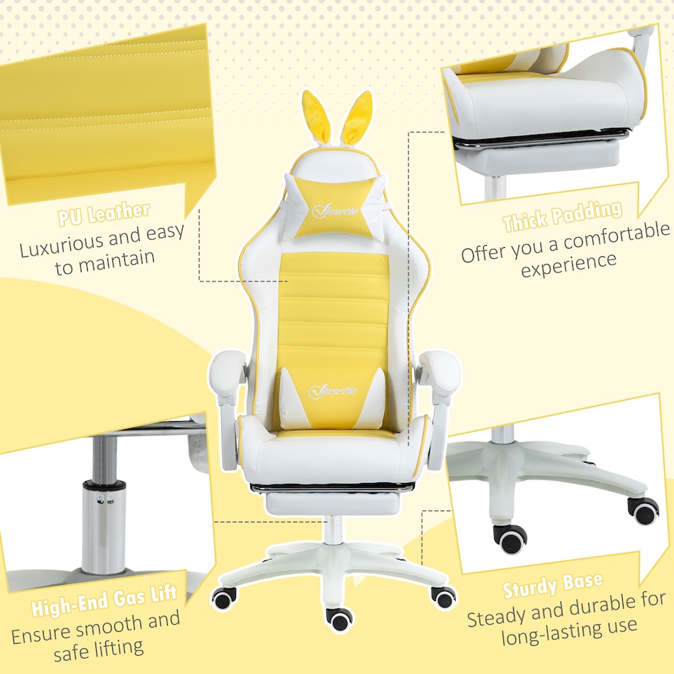 image 1 of Vinsetto Reclining Racing Gaming Chair with Headrest and Lumber Support, PU Leather Computer Chair with Removable Rabbit Ears, Footrest, Yellow