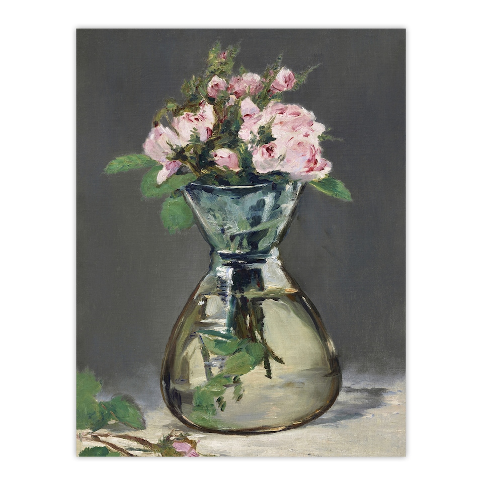 image 1 of Moss Roses in a Vase Oil Painting Manet Vintage Huge Wall Art Poster 24X32"