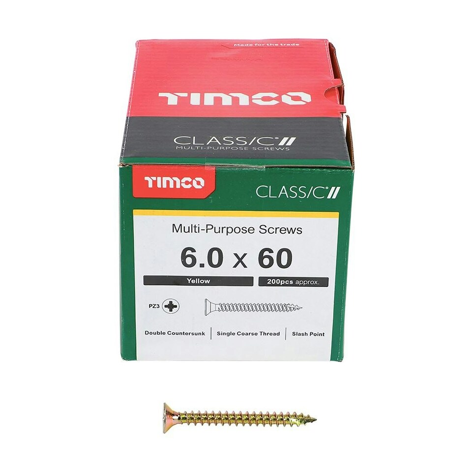 image 1 of Timco - Classic Multi-Purpose Screws - PZ - Double Countersunk - Yellow (Size 6.0 x 60 - 200 Pieces)