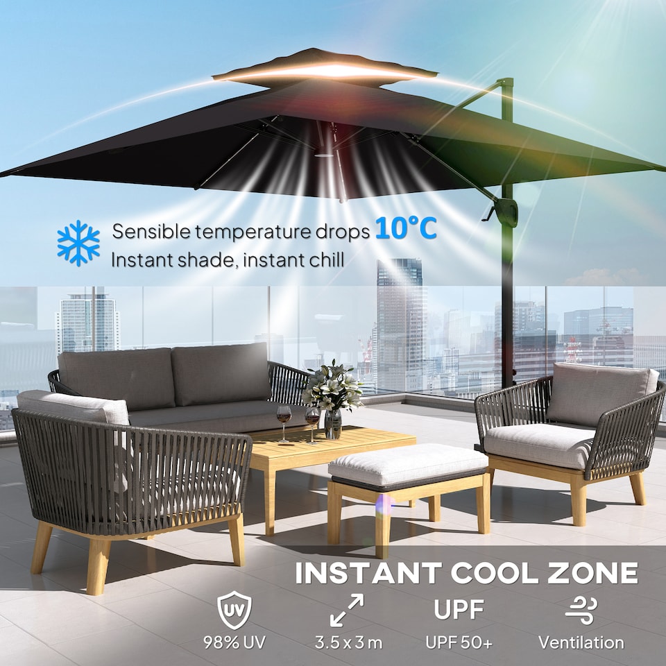 image 1 of Outsunny 3.5x3 m Garden Cantilever Parasol with Solar LED Lights and Centre Light, UPF50 Aluminium Patio Umbrella, Hanging Sun Shade with Cross Base, Crank Handle | Black | Black
