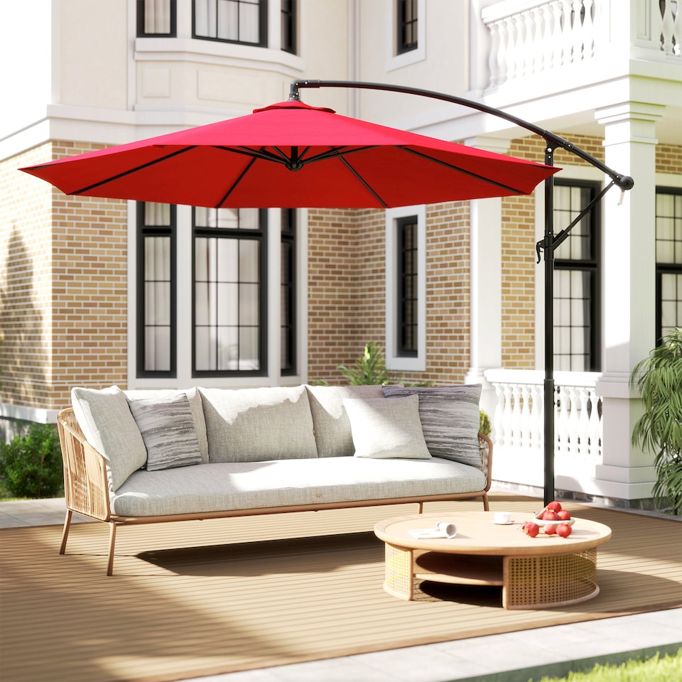 image 1 of Outsunny 3m Garden Banana Parasol Hanging Cantilever Umbrella with Crank Handle, 8 Ribs and Cross Base for Outdoor, Sun Shade, Wine Red